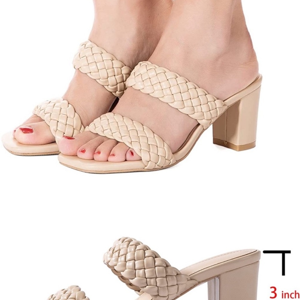 N.N.G Women Heel sandals Braided Leather Strappy sandals 2" Cream
